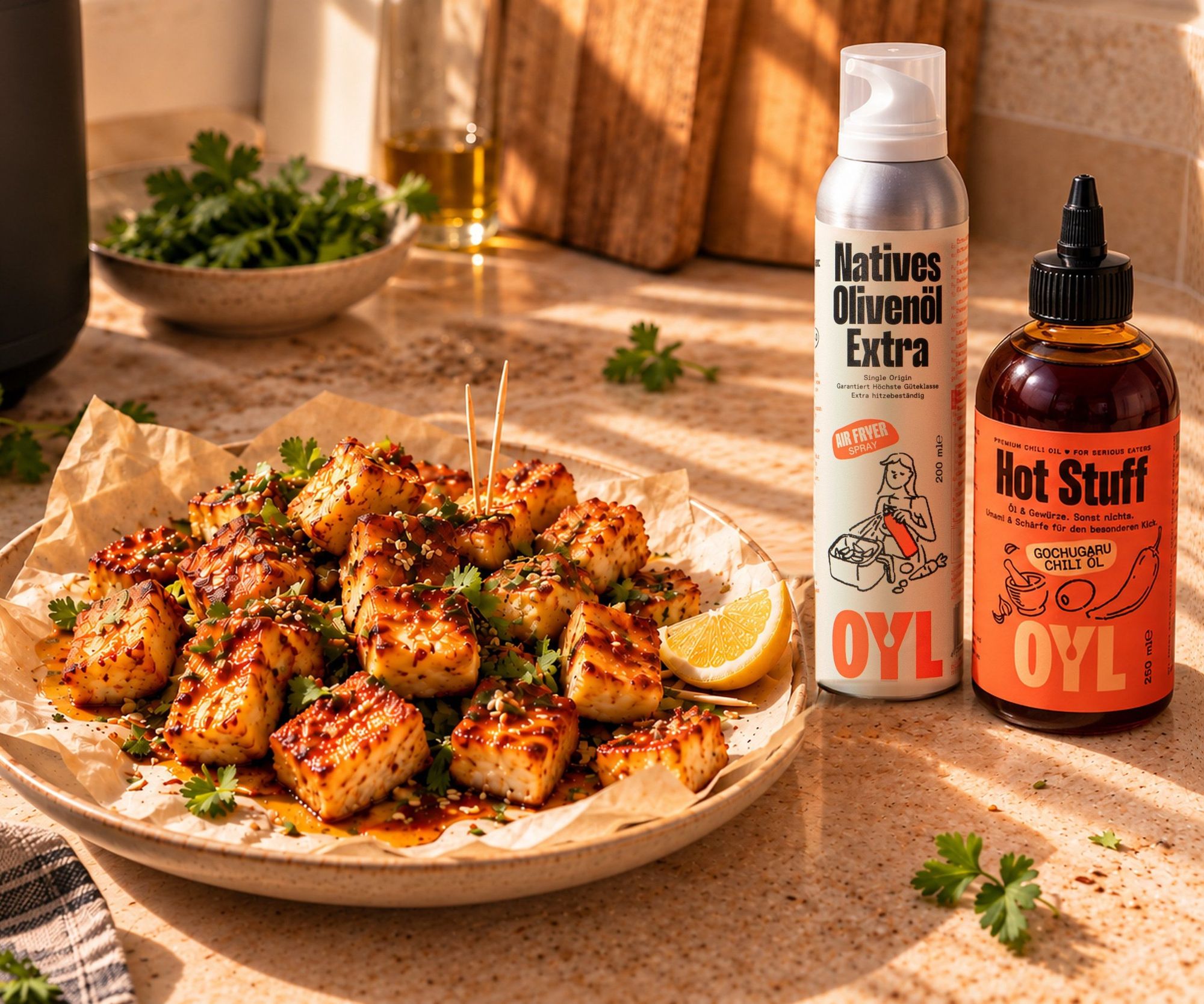Knusprige Halloumi-Würfel aus dem Airfryer mit OYL Hot Stuff Chiliöl, Kräutern und Sesam, daneben OYL Airfryer Spray und Hot Stuff.