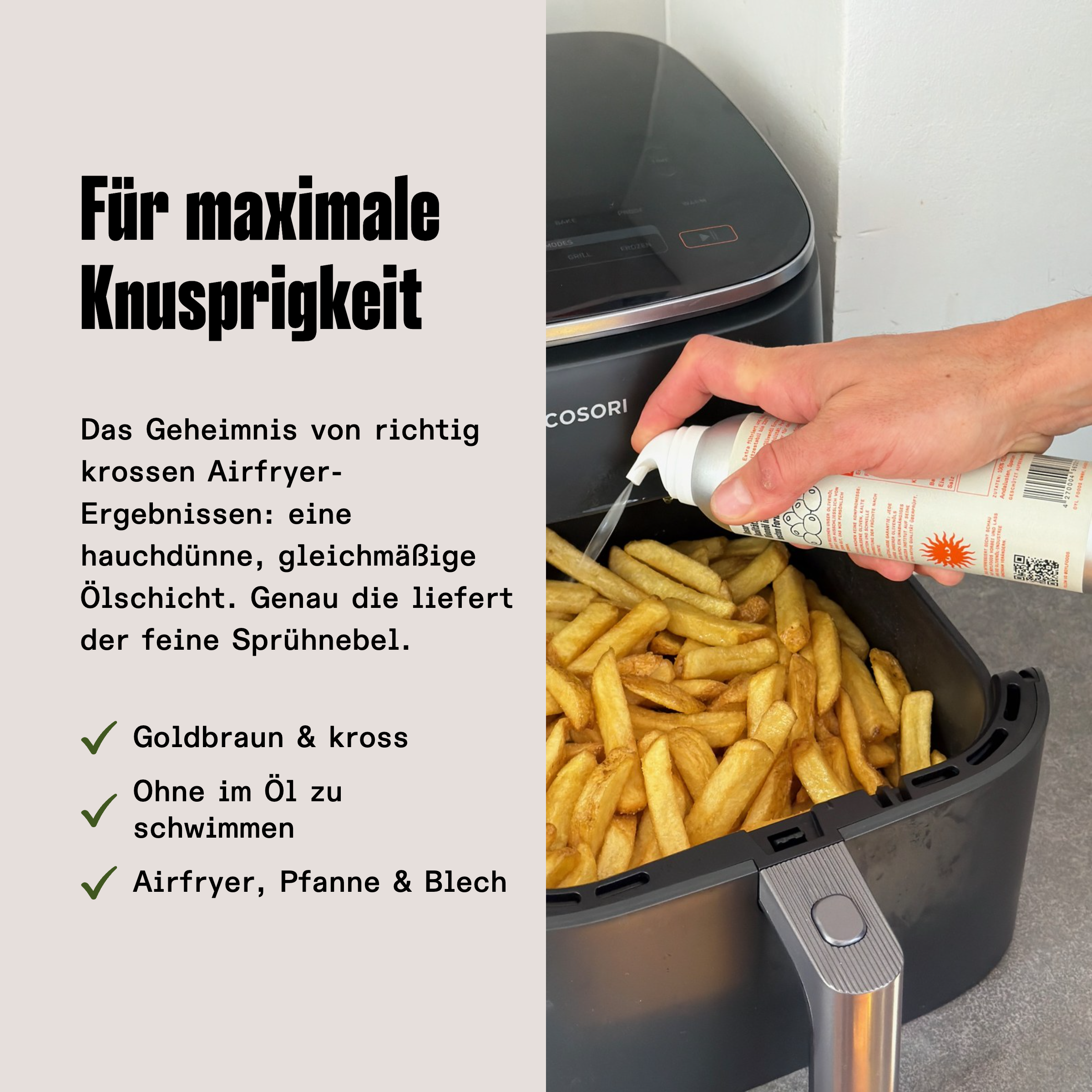 Hand sprüht OYL Air Fryer Spray als feinen Ölnebel über goldbraune Pommes im Airfryer-Korb