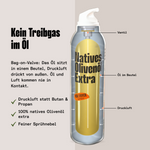 Schnittansicht des OYL Air Fryer Sprays: Olivenöl im Beutel, Druckluft außen, Ventil oben, kein Treibgas im Öl