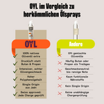 Vergleich OYL Air Fryer Spray mit herkömmlichen Ölsprays: Olivenöl extra, Druckluft statt Treibgas, Single Origin, laborgeprüft