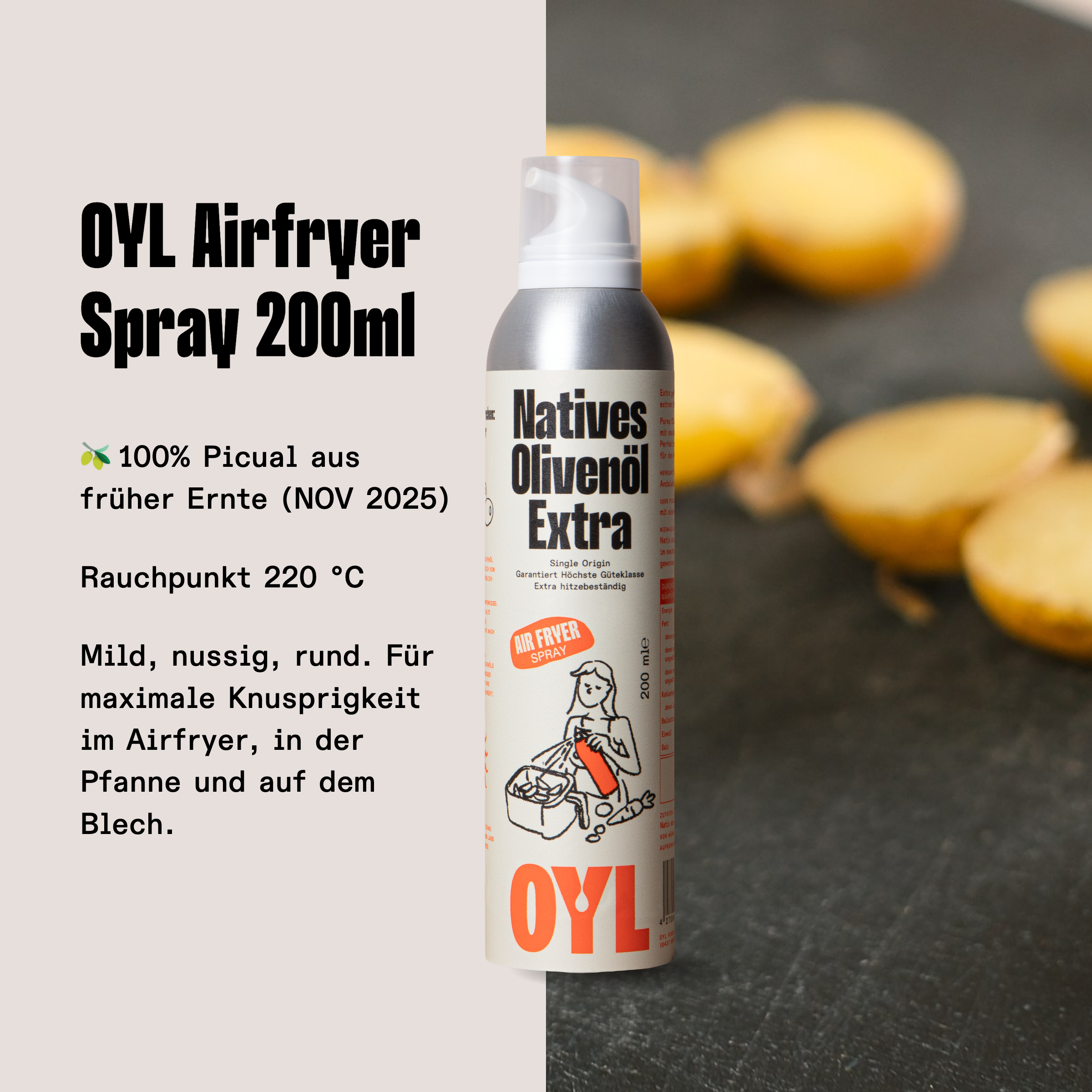 OYL Air Fryer Spray 200 ml mit 100 % natives Olivenöl extra aus Picual-Oliven früher Ernte, Rauchpunkt 220 °C